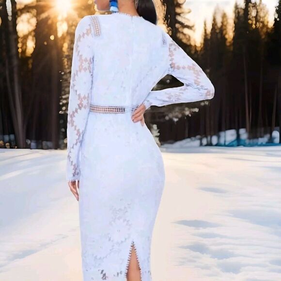 Pretty LittleThing Womens Floral Blue Lace 8 Dress Dusty Blue Transparent NWOT - Picture 3 of 16